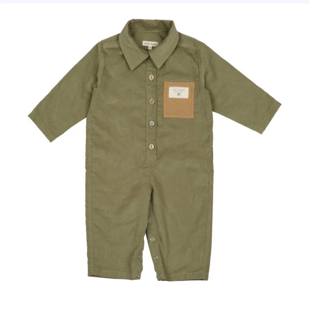 NWT Wild Wawa Buttons Jumpsuit Baby 6-12M Olive Green 100% Cotton Corduroy